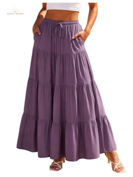 Dresses & Skirts - Tiered Renaissance Maxi Skirt Flowy Ankle Length Elastic Waist Side Pockets